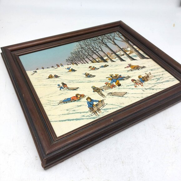 Vintage H. Hargrove Winter Scene Print – Sledding Children – Rustic Wood Frame 1 - Picture 3 of 6